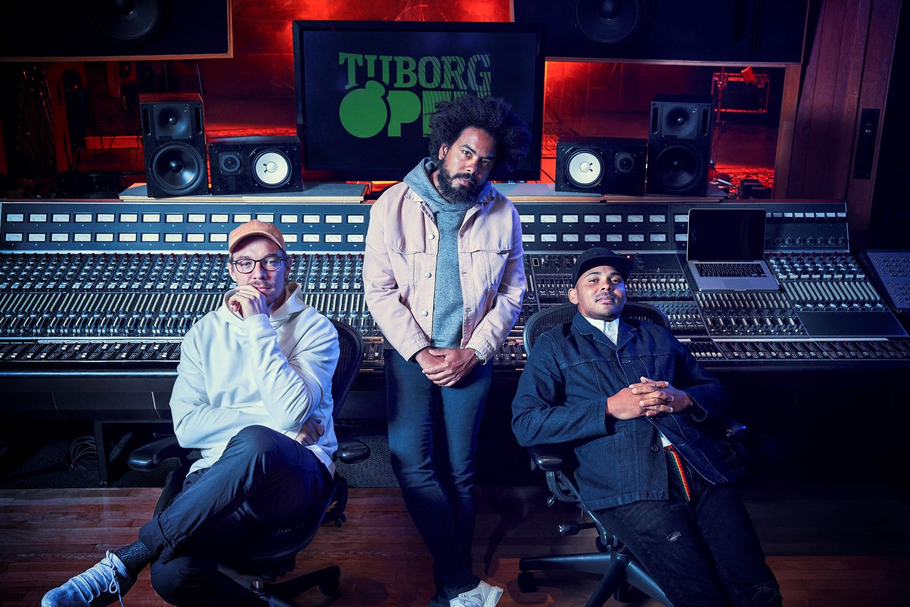 major lazer posing in record studio where they were working on beats for tuborg open